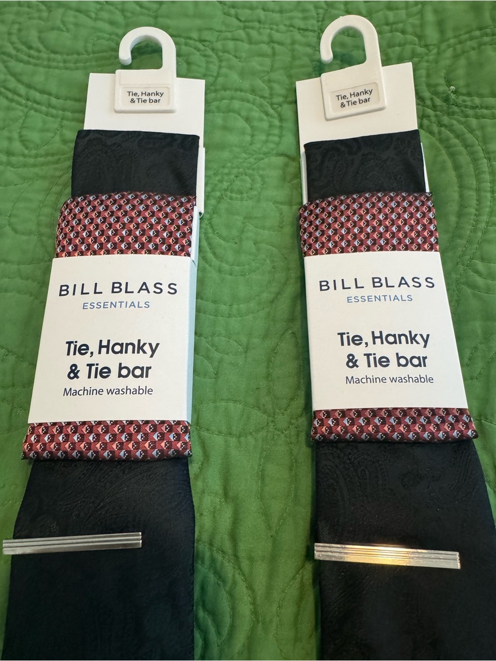 The Tie Bar Black Paisley Tie & Red Geometric Hanky Set with Silver Tie Bar